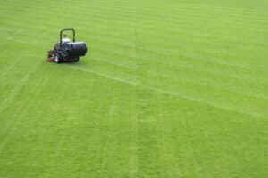 manutenzione di un campo da calcio con taglio erba