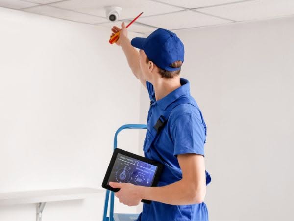 Operaio installa una telecamera di videosorveglianza in un condominio